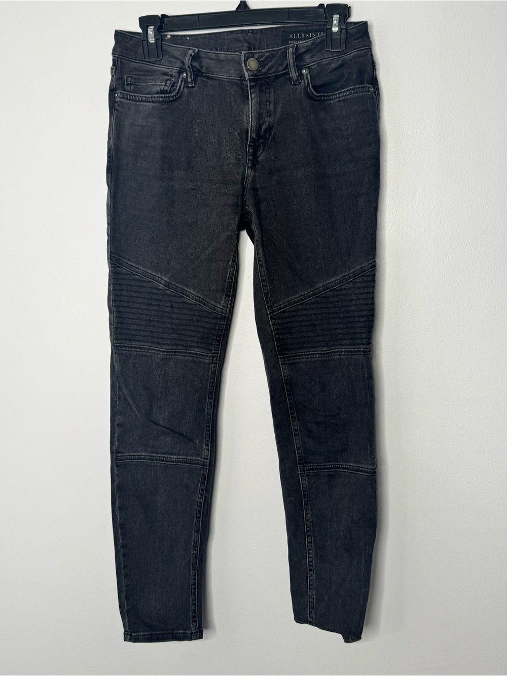AllSaints biker jeans featuring prominent ribbed detailing on the knees size 28